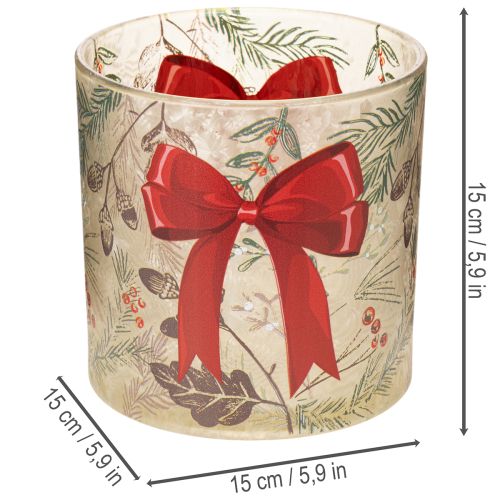 Ljusstake i glas med rött band och vintergrenar, 15 cm | Floristik24.se