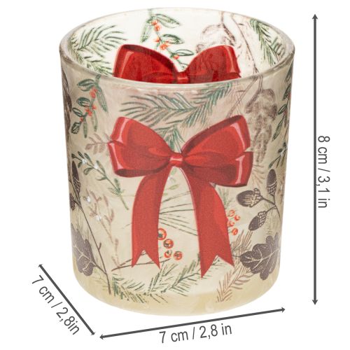 Glasljusstake med julgranar och rött band, 8 cm, 2 stycken | Floristik24.se