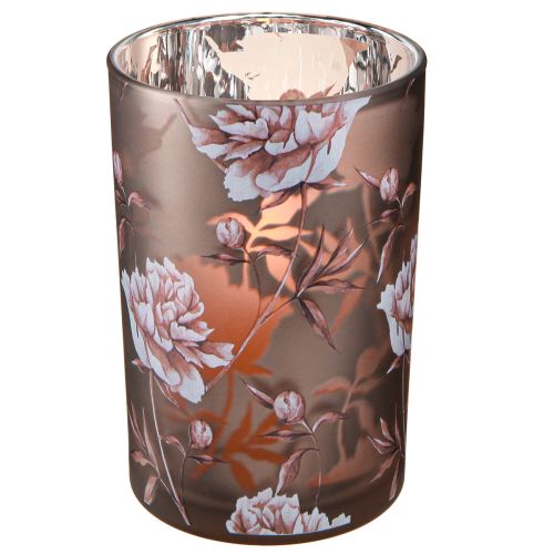 Artikel Lykta av glas brun silverrosa nejlikor H18cm