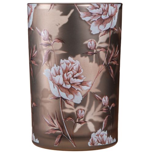 Artikel Lykta av glas brun silverrosa nejlikor H18cm