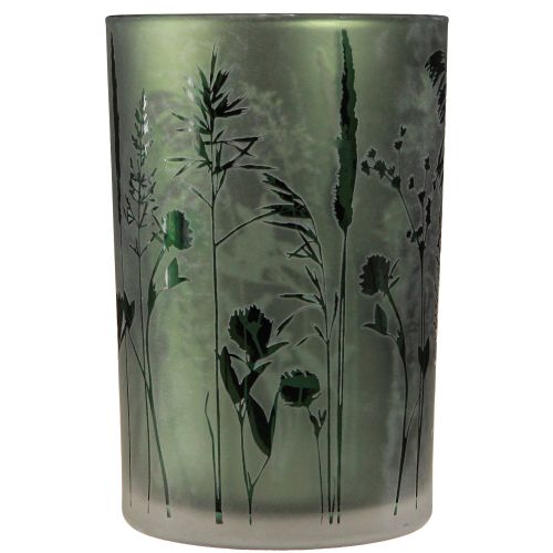 Artikel Lykta av vitt glas med grönt ängsmotiv H18cm