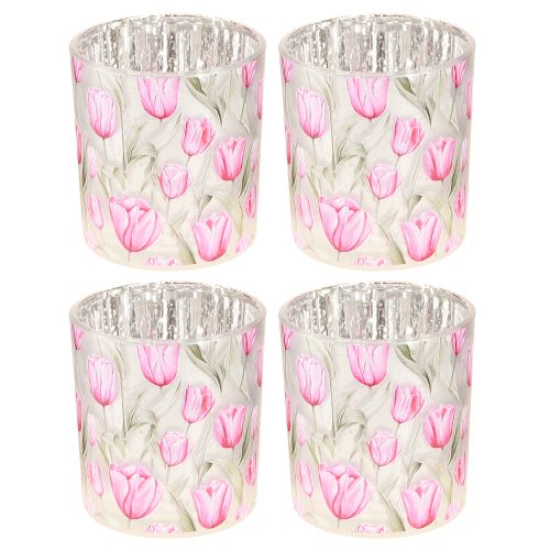 Artikel Dekorativ glaslykta med tulpanmotiv för vårinredning i hemmet, 8 cm, 4 stycken.