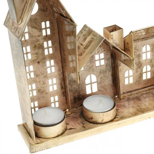 Floristik24 Juldiorama, metalldekoration med belysning, ljushus gyllene, vintagelook L67,5cm H20cm