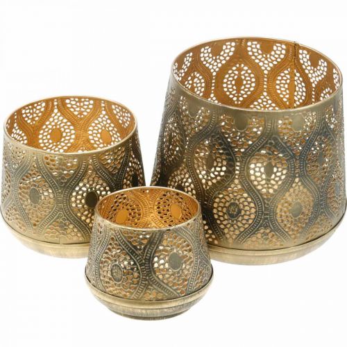 Floristik24 Orientaliskt lyktset, metalllykta, gyllene ljusdekoration, rustik Ø25/19/14cm H23,5/17/12,5cm