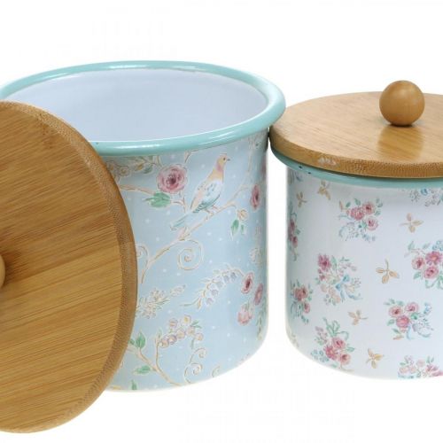 Artikel Emaljlåda med lock trä blommönster H10/12cm set om 2