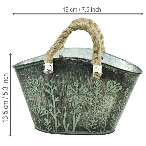 Blomkruka med handtag, väska, metall, jute, 19×13,5×13,5 cm | Floristik24.se
