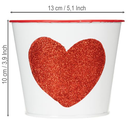 Vit blomkruka med rött hjärta, planteringslåda, Ø13cm H10,5cm | Floristik24.se