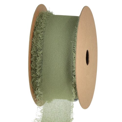 Floristik24 Chiffongband olivgrönt tygband fransar B40mm L15m