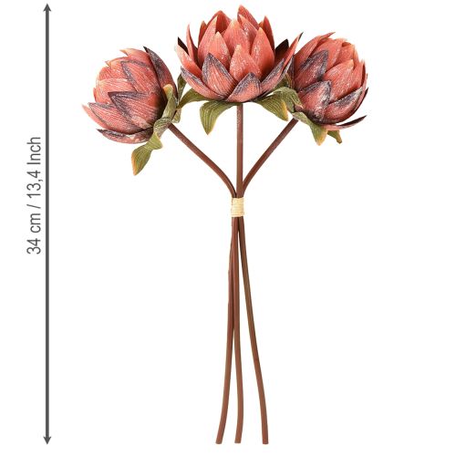 Artikel Dekorativa Protea konstgjorda blommor röd-orange 34cm 3st