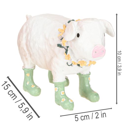 Dekorativ gris med gummistövlar – Rolig bondgårdsfigur med blomsterkrans 15,5 cm | Floristik24.se