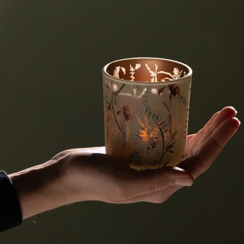 Artikel Dekorativ glaslykta med blommotiv för stämningsfulla heminredningsdetaljer, 8 cm, 4 stycken.