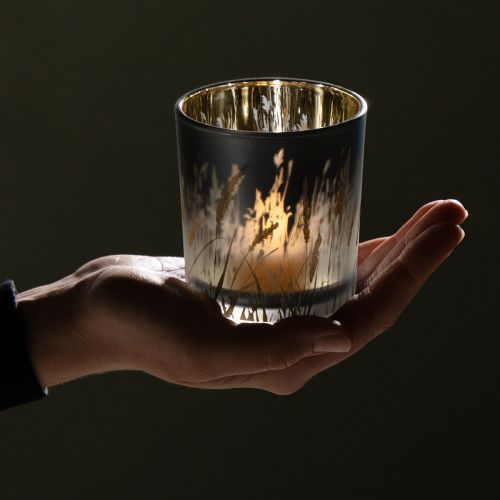 Artikel Dekorativ glaslykta med gräsdesign för stämningsfulla rumsaccenter, blå, 8 cm, 4 stycken.