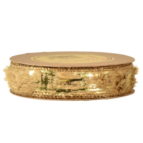 Artikel Dekorationsband med pälssmycken band fuskpäls brunt guld 25mm 15m