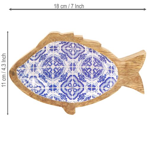 Artikel Dekorativ skål trä fisk dekoration naturlig blå vit 18×11×3cm