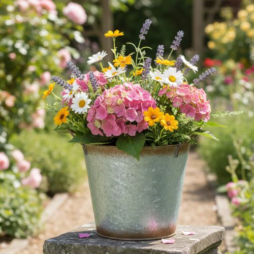 Artikel Dekorativ kruka med handtag, planteringshink, metallbehållare, silver, väderbitet stål, Ø17cm H16,5cm