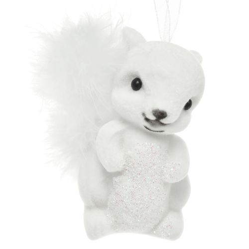 Artikel Vita ekorre 6 cm berlocker med glitter och fjäderdetalj - perfekt för festlig julgransdekoration - paket med 2