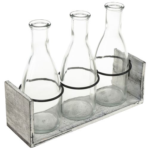 Artikel Rustik flaska i trästöd - 3 glasflaskor, gråvit, 24x8x20 cm - Mångsidig för dekoration