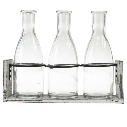 Artikel Rustik flaska i trästöd - 3 glasflaskor, gråvit, 24x8x20 cm - Mångsidig för dekoration