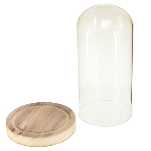 Artikel Glasklocka med bas av klart naturträ Ø12cm H21cm