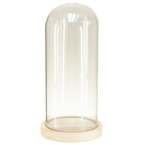 Artikel Glasöverliggare glasklocka med bas klart trä Ø14cm H28,5cm
