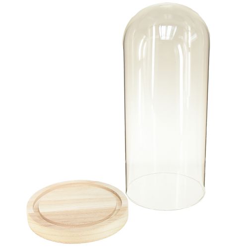 Artikel Glasöverliggare glasklocka med bas klart trä Ø14cm H28,5cm