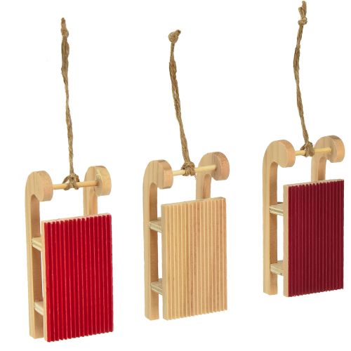 Artikel Träsläde miniatyr, röd-natur, 4x8,5 cm, set om 6 - juldekoration