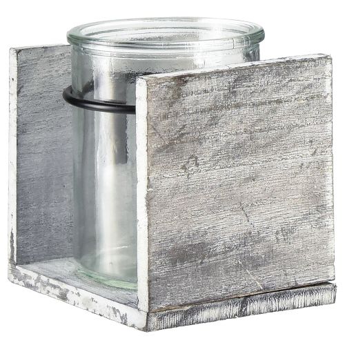 Artikel Värmeljushållare av glas i rustik träram - gråvit, 10x9x10cm - charmig bordsdekoration 3 st