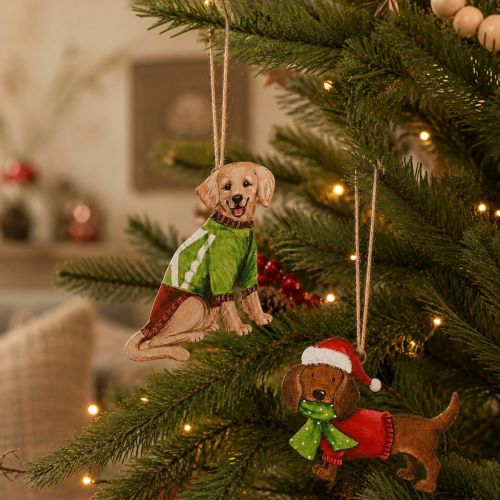 Hundjuldekoration, dekorativ upphängande julgranskulor, hund med halsduk och mössa, 12 cm, 2 stycken | Floristik24.se