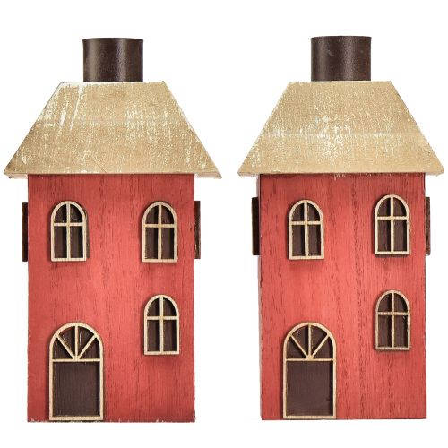 Artikel Ljusstake hus trä röd pinne ljusstake H14,5cm 2st