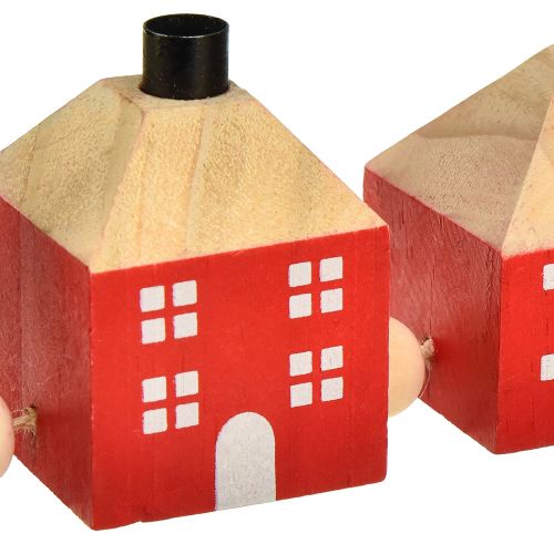 Artikel Ljusstake trä dekorativ trähus röd och vit girlang 23cm