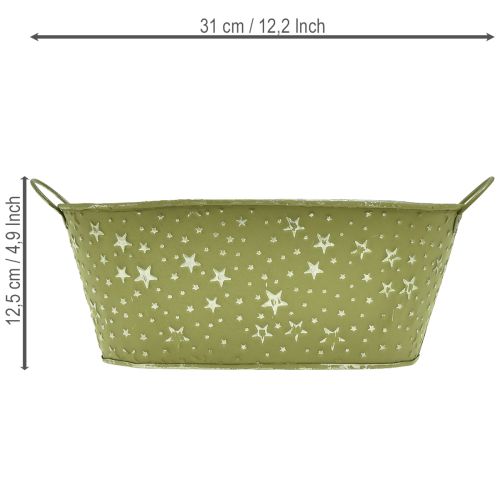 Oval metallskål med stjärnor och handtag, grön, 31×16 cm, H12,5 cm | Floristik24.se