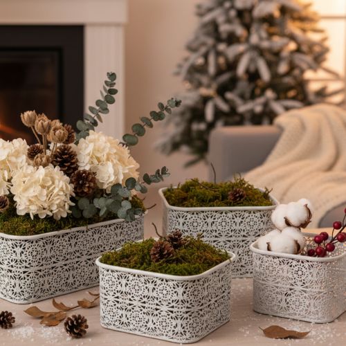 Artikel Metallskålar med spetsmönster, dekorativ behållare, fyrkantig, shabby chic, vit, 27/23/19 cm, H13,5 cm, set om 3