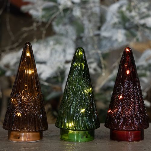 Artikel Mini julgran i glas LED röd grön brun 18 cm 3 st