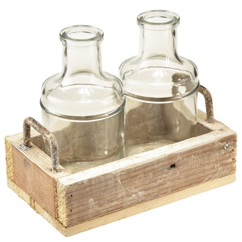 Artikel Minivaser glas dekorativ bricka trä vintage 16x10x14cm set