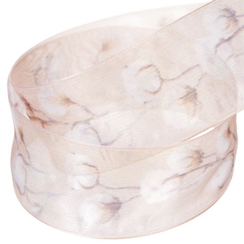 Artikel Organzaband, bomullsblommor, dekorband, rosa, 40 mm, 15 m