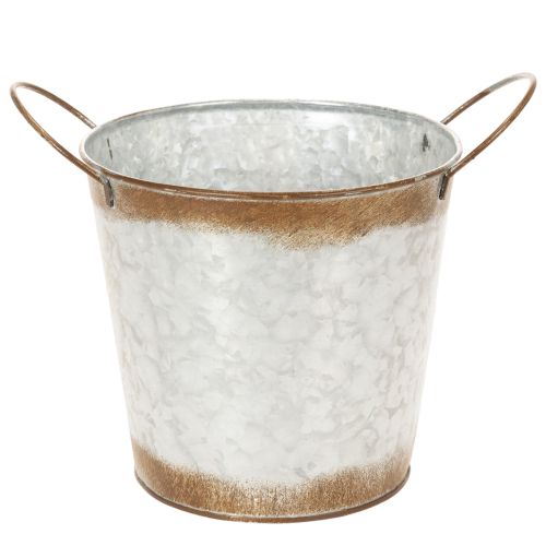 Artikel Metallplanter, blomskål, växtkruka med silverhandtag, väderbiten stålfinish, Ø18cm H20cm