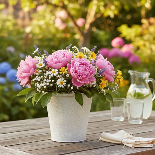 Artikel Blomkruka med ornament, kruka, metallbehållare, vit, Ø15,5 cm, H14,5 cm