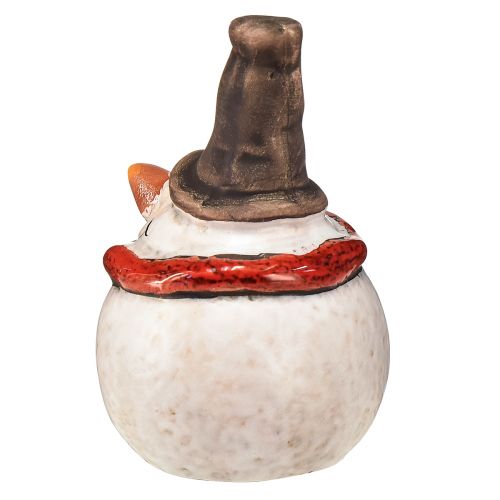 Artikel Keramisk snögubbefigur, 8,5 cm, med hög hatt och röd halsduk - Jul- och vinterdekoration - 3 st