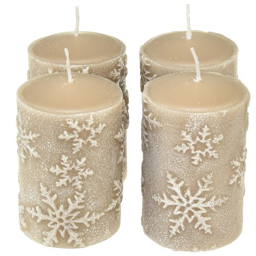 Floristik24 Pelarljus beige ljus snöflingor 100/65mm 4 st