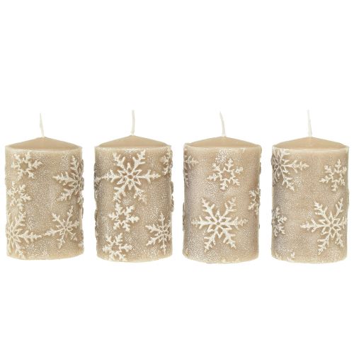 Floristik24 Pelarljus beige ljus snöflingor 100/65mm 4 st