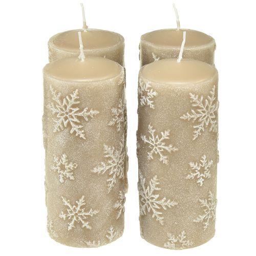 Pelarljus beige ljus snöflingor 150/65mm 4 st