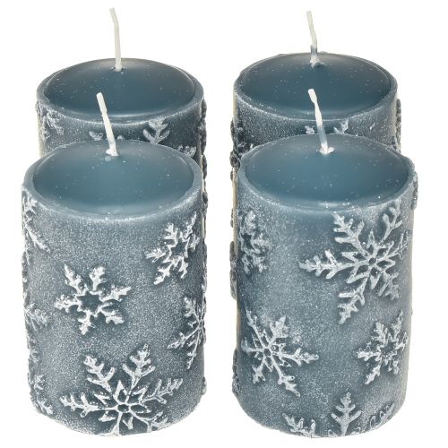 Floristik24 Pelarljus blåljus snöflingor 100/65mm 4 st