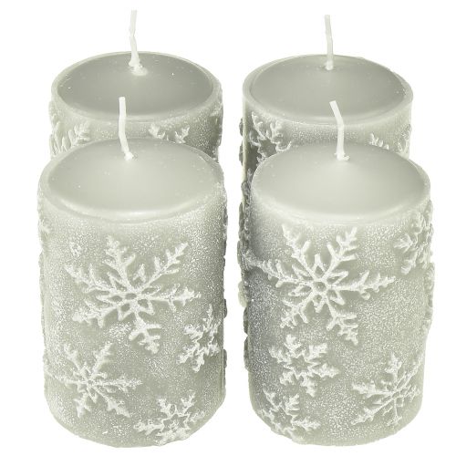 Floristik24 Pelarljus gråa ljus snöflingor 100/65mm 4 st