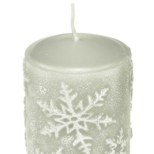 Floristik24 Pelarljus gråa ljus snöflingor 100/65mm 4 st