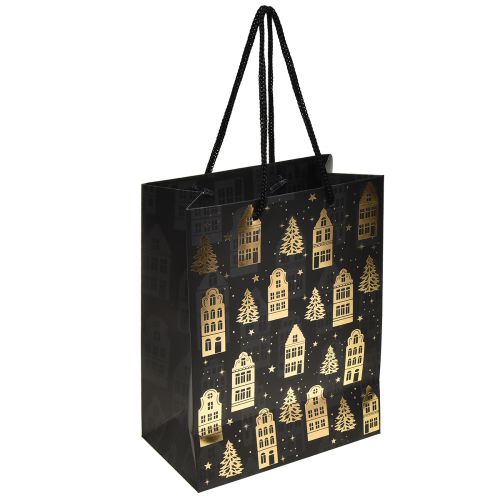 Floristik24 Julväska svart/guld gran hus 18x10x23cm 2st