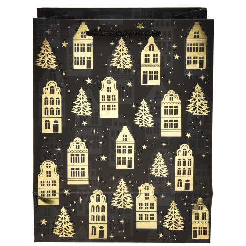 Floristik24 Julväska svart/guld gran hus 18x10x23cm 2st