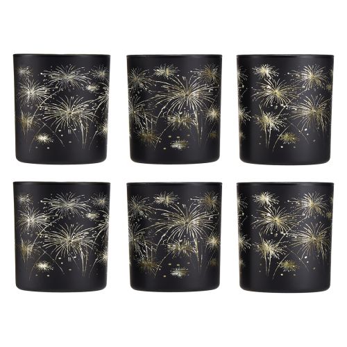 Artikel Elegant glaslykta med fyrverkeridesign - svart och guld, 9 cm - idealisk dekoration för festliga tillfällen - förpackning om 6