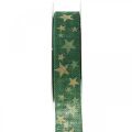Floristik24 Presentband rosettband med stjärnor grönt guld 25mm 15m