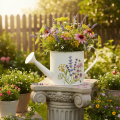 Vit metallvattenkanna med blommotiv, 13,5 cm, dekorativ kruka | Floristik24.se