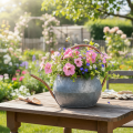 Dekorativ vattenkanna i metall, vintage lantlig stil, trädgårdsdekoration, för plantering, silverkoppar, L41cm Ø26cm H30cm | Floristik24.se